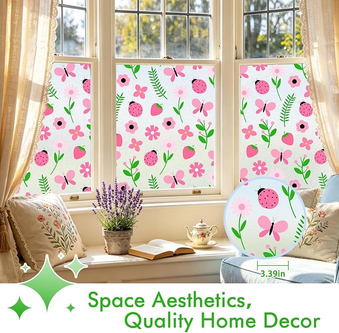 SOMWISE Frosted Glass Window Privacy Film with Tools, Heat Blocking, Anti-UV, Anti-Glare, Static Cling, Decor for Home Bathroom Door, Renter Friendly, Removable, Reusable, Pink 35Inchx78.5Inch