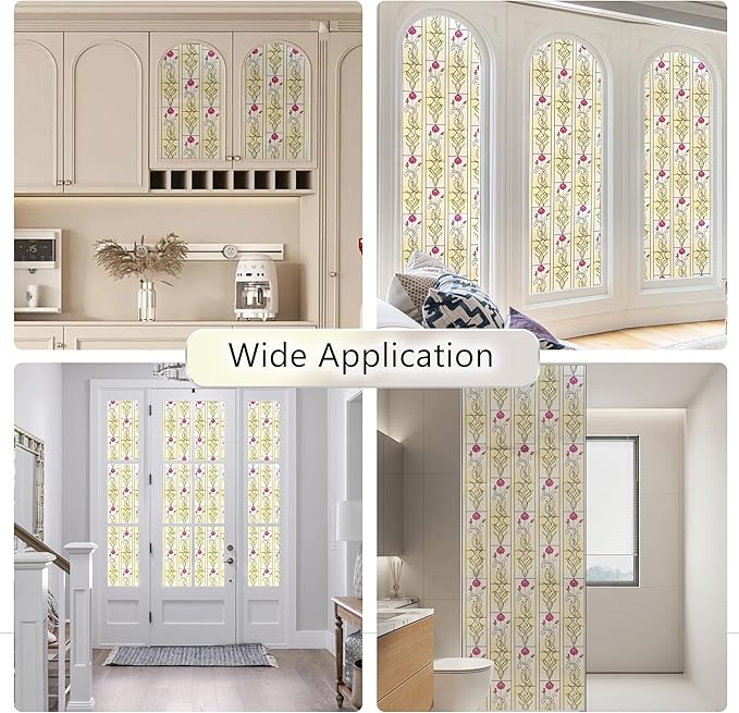 KESPEN WINDOW FILMS Window Privacy Film Stained Glass Frosted Glass Films Decorative Window Film with Rose Flower Static Cling Non-Adhesive Stickers Heat Control for Home, 35.4 Inch X 13.1 Feet
