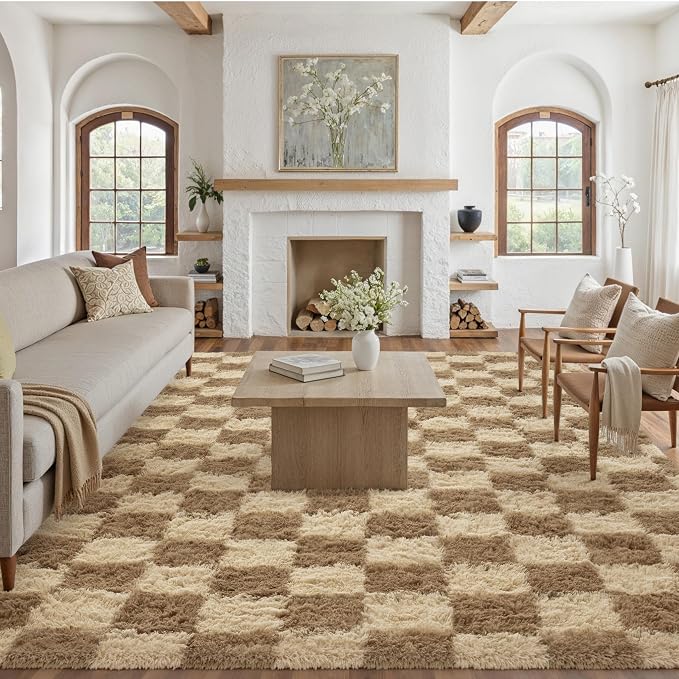 PureCozy Checkered Rug 8x10 for Living Room, Brown Modern Shag Rug Washable Non-Slip Large Area Rug Super Soft Indoor Fuzzy Carpet Fluffy Rugs for Bedroom Home Aesthetic Decor