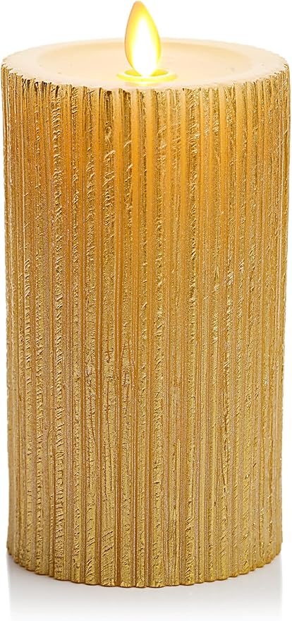 Luminara Metallic Embossed Pillar, Champagne Flameless LED Candle 3.25" x 6.5", Battery Operated Real Flame Technology w/Timer Function, Paraffin Wax
