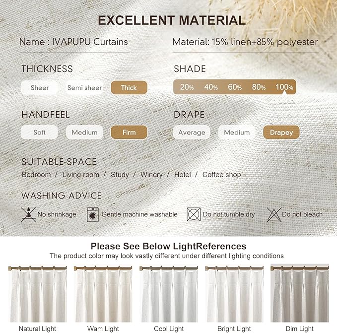 IVAPUPU Natural Pinch Pleated 100% Blackout Curtains Linen Blend Room Darkening Window Curtains 1 Panel for Living Room Bedroom Thermal Insulated Curtain Drapes with 12 Pcs Hooks 60''Wx112''L