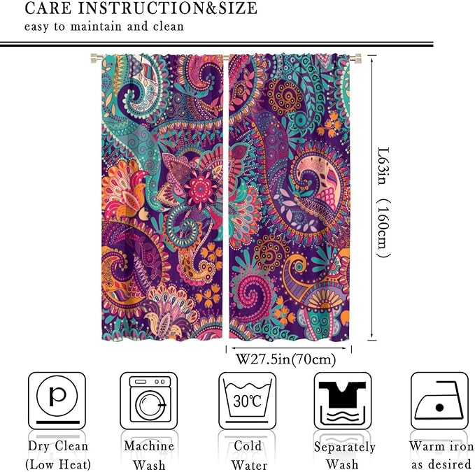 Vintage Bohemian Curtains, Indian Bohemian Mandala Colorful Pattern Blackout Thermal Curtains, Bedroom Living Room Curtains, 2 Panel Set, 55x63 in.