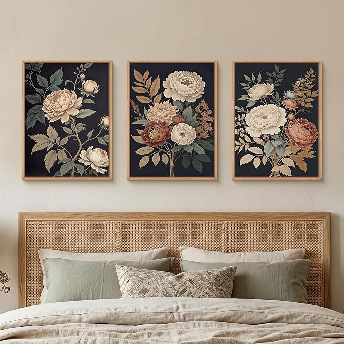 HOURIA Large Moody Dark Flower Framed Canvas Wall Art,Retro Beige Red Peony Wall Decor,Vintage Textured Blossom Botanical Artwork,Natural Wildflower Art Print for Living Room,Bedroom,Office-12 x16 x3