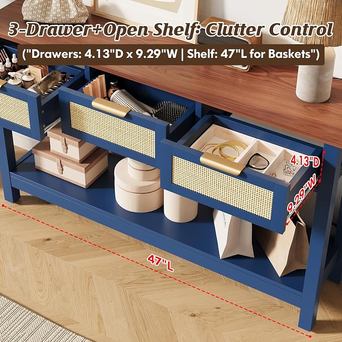 Luoxiao 47" Blue Entryway Table with 3 Rattan Drawers & Open Shelf Storage | Narrow Console Sofa Tables for Living Room, Entry Table for Hallway, Foyer, Couch, Easy Assembly, Anti-tip Kit, Space Saving