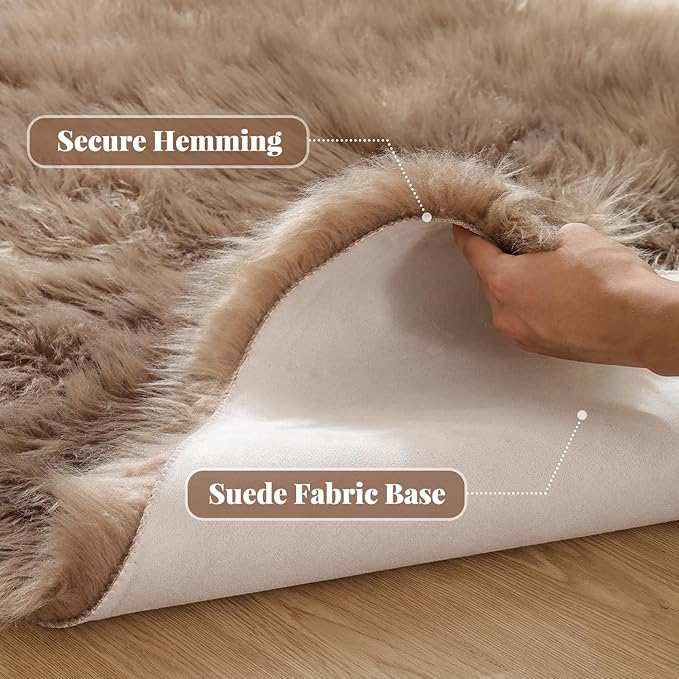 ORINOVA Beige 3ft Round Fluffy Shaggy Rug Washable Soft Area Rug for Living Room Bedroom Cute Room Decor Circle Nursery Rug Faux Fur Carpet