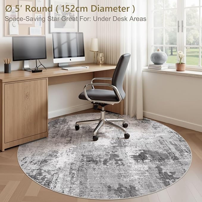 Abstract 5FT Round Rug: Machine Washable Non Slip Ultra Thin Low-Pile Carpet, Soft Stain Resistant for Living Room Bedroom Nursery, Kid Pet Friendly, Robot Vacuum Compatible - Grey