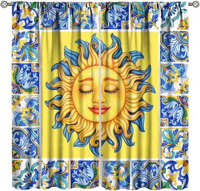 Mexico Blackout Curtains, Bohemian Sun Moon Abstract Modern Mid Century Window Drapes, for Bedroom Living Room 42" W X 63" L