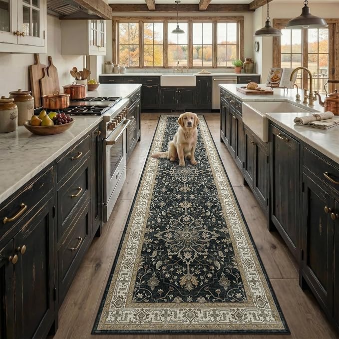 RELEANY Area Rugs Runner 2'x10' Washable Non-Slip, Floral Vintage Distress Medallion Carpet for Kitchen Hallway Bedroom Beside Laundry Room Bathroom, Vintage Black Brown Neutral