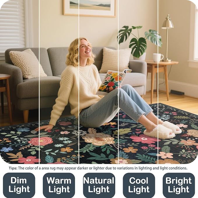8x10 Area Rug, Floral Rugs for Living Room, Stain-Resistant Washable Bedroom Rug, Non-Slip Area Rugs for Dining Room Under Table, Indoor Rug for Home Office (8 x 10 Black)