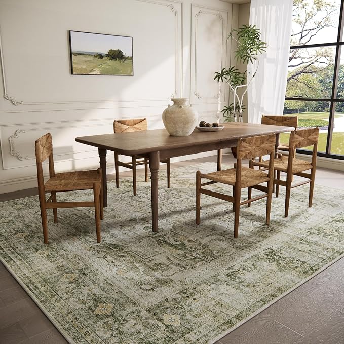Machine Washable Living Room Rug: 5x7 Area Rugs for Bedroom Non Slip Low Pile Soft Faux Wool Non Shedding Vintage Boho Carpet Rugs for Dining Room Kitchen Entryway Nursery Farmhouse Home Office Indoor