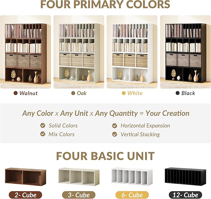 IOTXY DIY Modular Cube Bookcase - CubeXY Customizable Stackable Expandable Basic Shelving Units, 12-Cube Wooden Open Bookshelf with Removable Shelves for 10-inch Vinyl Record Storage Organizer, Oak