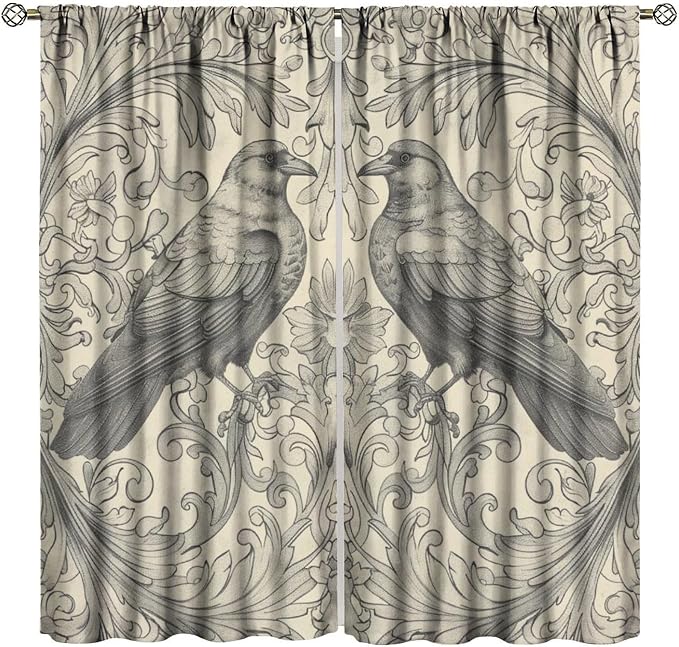 William Morris Blackout Curtains, Vintage Bird Crow Boho Rustic Flower Print Window Drapes, for Bedroom Living Room 55" W X 63" L
