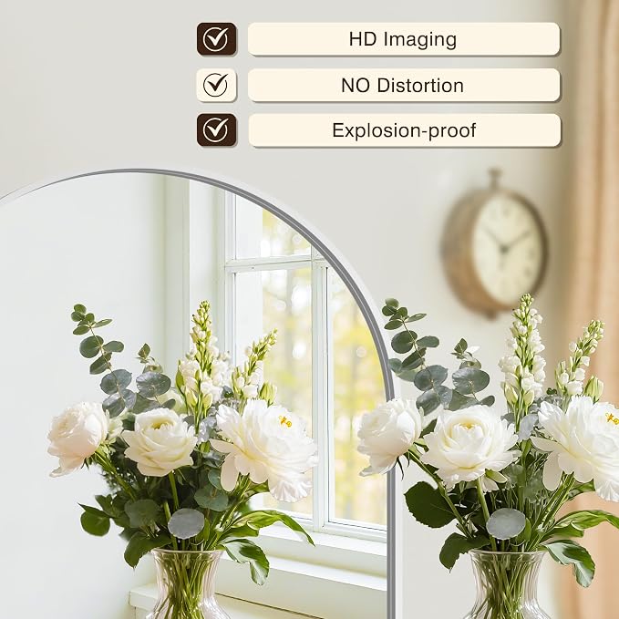 Bathroom Vanity Mirror for Wall, 38”x26” Arched Bathroom Mirror for Over Sink, Arched Metal Frame for Bedroom, Living Room, Entryway, Hanging or Leaning, Silver