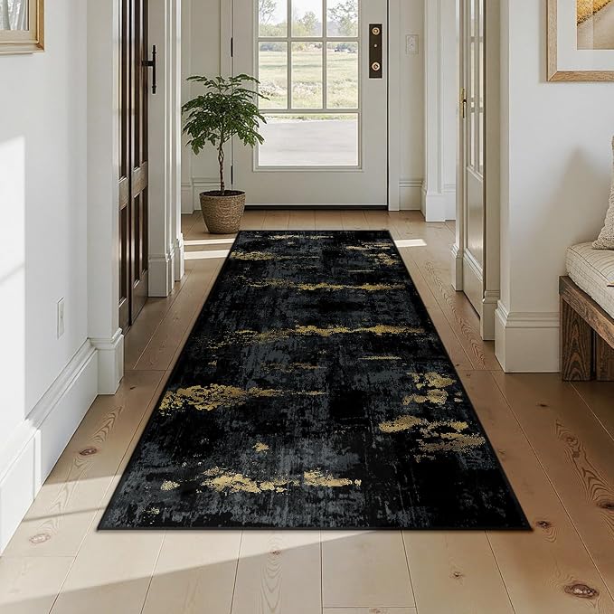 RELEANY Washable Area Rugs 3x7 Non-Slip Modern Abstract Soft for Living Room Entryway Bedroom Kitchen, Print Pattern, Dark Black Gold