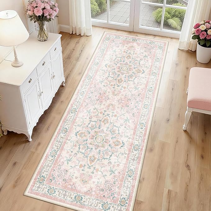 CAPALOCA Machine Washable Rugs Nursery Rug 2x6 Cute Girl Non Slip Low Pile Water Repellent Soft Print Pattern for Bedroom Indoor Decor Kids Playroom Pink Teal