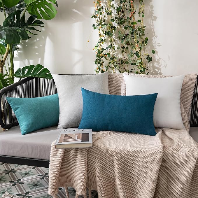 MIULEE Pack of 2 Decorative Outdoor Solid Waterproof Throw Pillow Covers Faux Linen Garden Farmhouse Coastal Cushion Cases for Summer Patio Tent Balcony Couch Sofa 12x12 Inch Blue