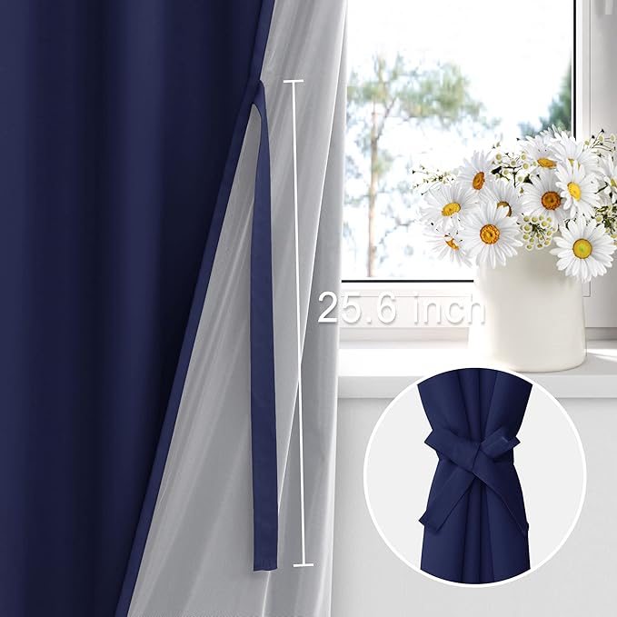 XWZO Full Blackout Curtains 84 Inches Length with Tiebacks- Heat and Light Blocking Rod Pocket & Back Tab Window Drapes with Black Liner Backing for Bedroom/Kid's Room, Navy Blue, W42 x L84, Set of 2