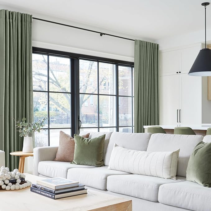 Linen Blend Olive Green Curtains 86 inch Length 2 Panels for Bedroom Back Tab Light Filtering Semi Sheer Drapes Linen Cotton Textured Loden Green Airy Modern Farmhouse Living Room Sage Aesthetic Decor