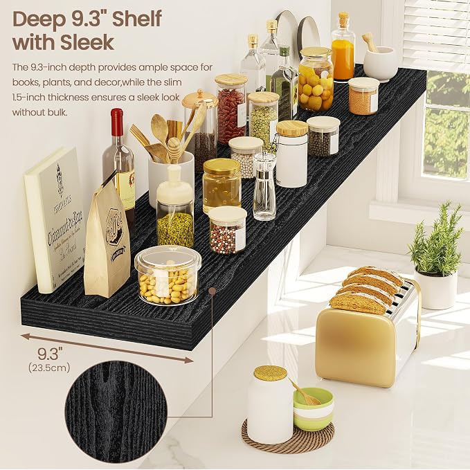 Vivelove 48 Inch Floating Shelves, Deep Wall Shelves with Invisible Brackets, Display Shlf for Bathroom Living Room Kitchen Bedroom Office Farmhouse Home Decor, 48" X 9.3" X 1.5" - Set of 1, Black