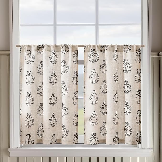 jinchan Linen Kitchen Curtains 24 Inch Floral Tier Curtains Farmhouse Cottage Core Flax Cafe Rod Pocket Country Small Window Drapes for Laundry Room Bathroom RV 2 Panels Black on Beige