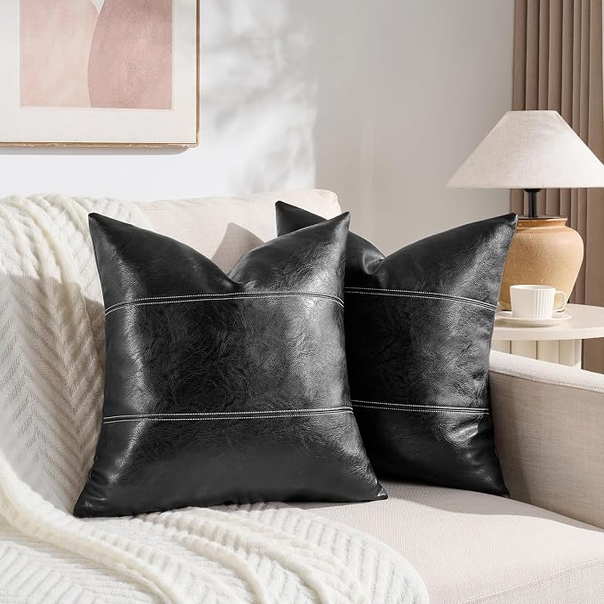 Fancy Homi Black Boho Faux Leather Decorative Throw Pillow Covers 20x20 Inch for Living Room Couch Bed Sofa, Rustic Modern Farmhouse Home Decor, Hand Stitched Square Cushion Case 50x50 cm