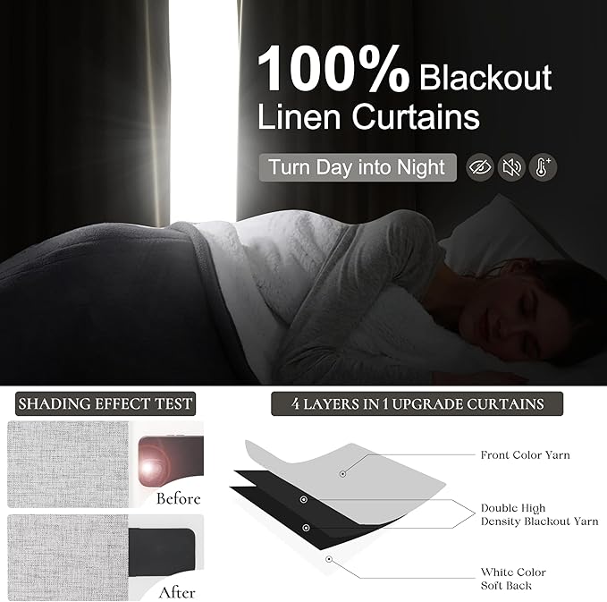 QJmydeco Grey Blackout Curtains 84 Inch Length 2 Panels Set for Bedroom, Modern Faux Linen Room Darkening Pleated Light Gray Burg with Rod Pocket Back Tab 84 Inch Insulated Curtain for Office Sunroom