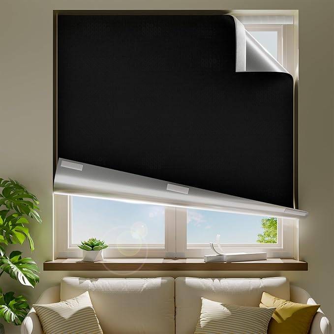 48" W x 54" L 100% Blackout Curtains, Total Darkness No-Drill Black Out Window Cover,Temporary Blackout Shades with Hook & Loop Tape – for Bedroom, Nursery, Dorm, Travel (Black)