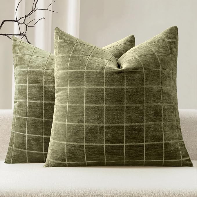 MIULEE Olive Green Plaid Decorative Throw Pillow Covers 18x18 Set of 2 | Vintage Check Chenille Couch Pillows Neutral Boho Farmhouse Cushion Covers Modern Home Decor for Sofa Bed Living Room