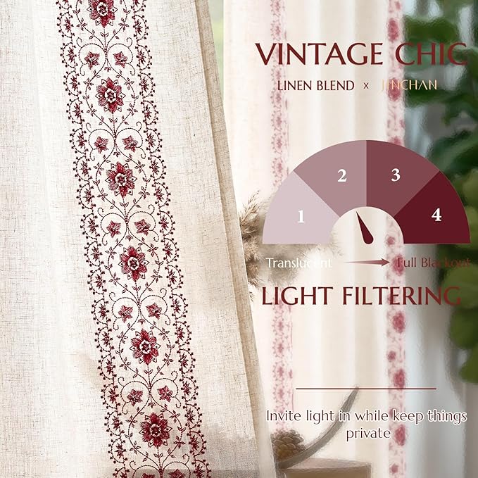 jinchan Red Floral Embroidered Short Linen Curtains 54×54 Inches 2 Panels | Light filtering, back tab, rod pocket, cafe curtains for kitchen bedroom living room, cottage farmhouse, small window