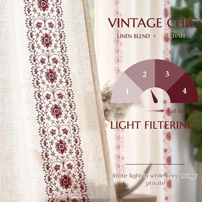 jinchan Boho Curtains for Bedroom Red Vintage Floral Farmhouse Curtains 84 Inches Long Linen Blend Drapes for Living Room Embroidered Light Filtering Drapes Rod Pocket Red on Beige 2 Panels