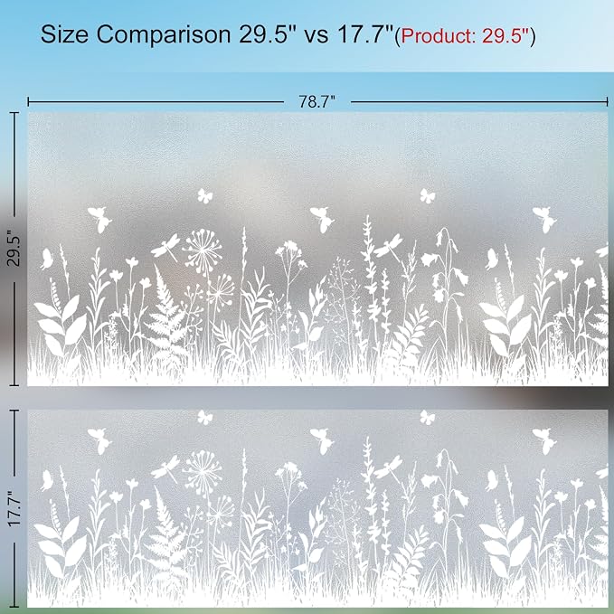 Window Privacy Film 29.5" x 78.7", Frosted Glass Window Film with Floral Pattern Decorative Privacy Window Film Static Cling No Glue Light Filtering UV Blocking for Home Bathroom Office
