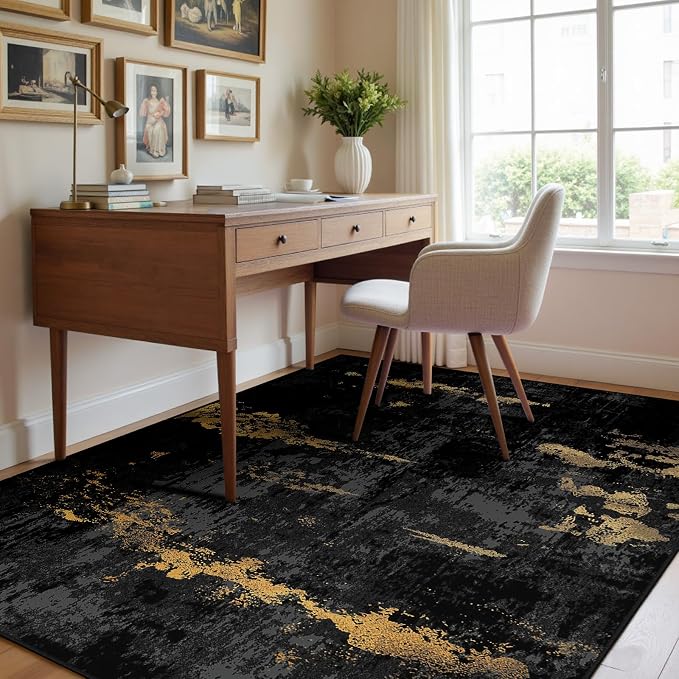 RELEANY Washable Area Rugs 4x5 Non-Slip Modern Abstract Soft for Living Room Entryway Bedroom Kitchen, Print Pattern, Dark Black Gold