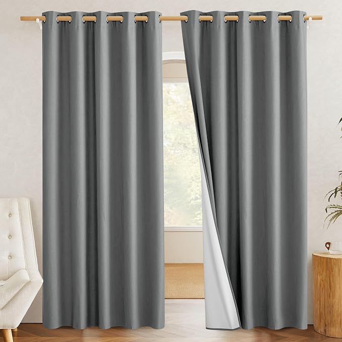 NICETOWN 100% Absolutely Blackout Linen Curtains with Thermal Insulated White Liner, Dove Grey, 62" Wide, 2 Pieces, Privacy Vertical Window Drapes for Office Laundry Living Room Windows 72 inch Long