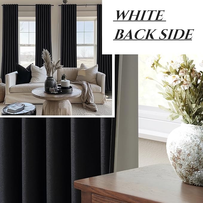 QJmydeco Black Curtains for Bedroom 90 Inch Long 2 Panels Set, Black Out Elegant Curtains for Living Room Windows 48 to 84 Wide Thick Sound Dampening Thermal Pleated Drapes Back Tab (W50 x L90)