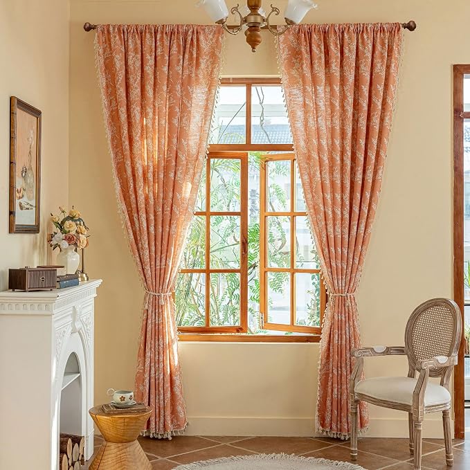 OYX Orange Floral Curtains 63 Inch Long 2 Panels, French Vintage Farmhouse Patterned Decor Window Drapes with Tassels, Girls Semi-Sheer Light Filtering for Bedroom Living Room (Rod Pocket, 52Wx84L)
