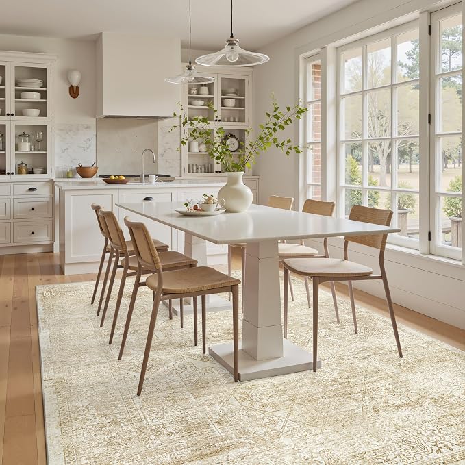 Soalmost 5x7 Area Rugs Beige Low Pile Indoor Washable Trendy Faded Style Floral Rugs for Bedroom Living Room Dining Room Foldable Non-Slip Thin Print Mat