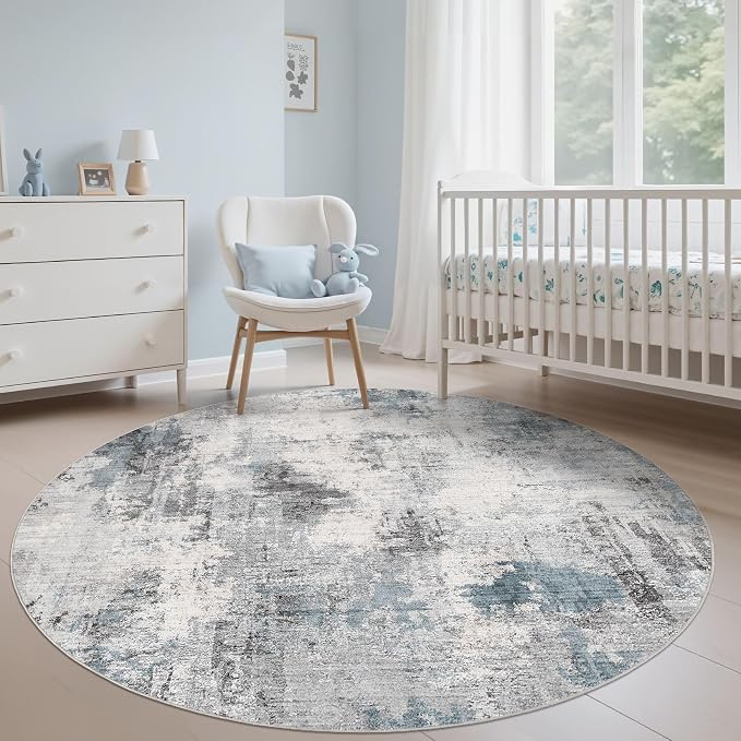 Abstract 9FT Round Rug: Machine Washable Non Slip Ultra Thin Low-Pile Carpet, Soft Stain Resistant for Living Dining Room Bedroom, Kid Pet Friendly, Robot Vacuum Compatible - Grey Blue