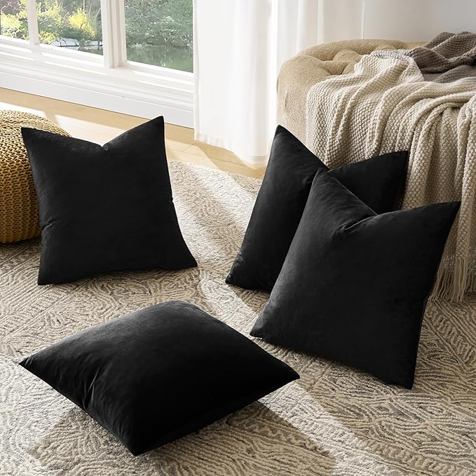 GIGIZAZA Black Velvet Pillow Covers - 18x18 Pack of 4 Decorative Throw Pillows Soft Couch Cushion Luxury Covers for Bed Living Room Accent Elegant Pillow Cases