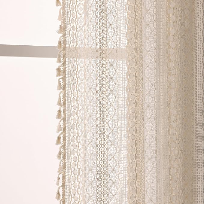 WAZZIO Boho Lace Curtains 63 Inches 2 Panel,Light Filtering Privacy Tassel & Geometry Crochet Semi Sheer Curtain Drapes for Bedroom Living Dining Room,Rod Pocket & Tassel,Vintage French Country,Beige