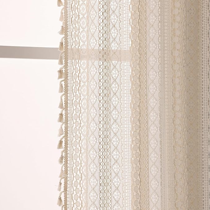 WAZZIO Boho Lace Curtains 105 Inch 2 Panel,Light Filtering Privacy Tassel & Geometry Crochet Semi Sheer Curtain Drapes for Bedroom Living Dining Room,Rod Pocket & Tassel,Vintage Farmhouse Decor,Beige