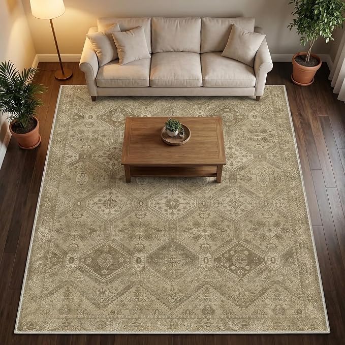 GENIMO 3x5 Area Rugs for Living Room, Machine Washable Non Slip Vintage Rugs, Low Pile Lightweight Print Rug for Bedroom, Dining Room, Home Office, Tan Brown
