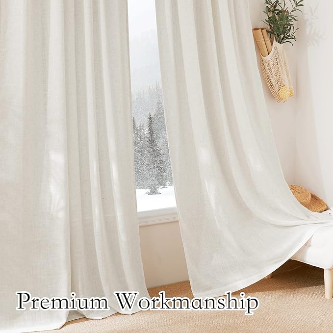 RYB HOME Linen Sheer Curtains - Faux Linen Semi Transparent Window Drapes Privacy UV Protection Short Curtains for Living Room, Home Office, Car, Kitchen, 52 Wide by 36 Long inches, 2 Pcs