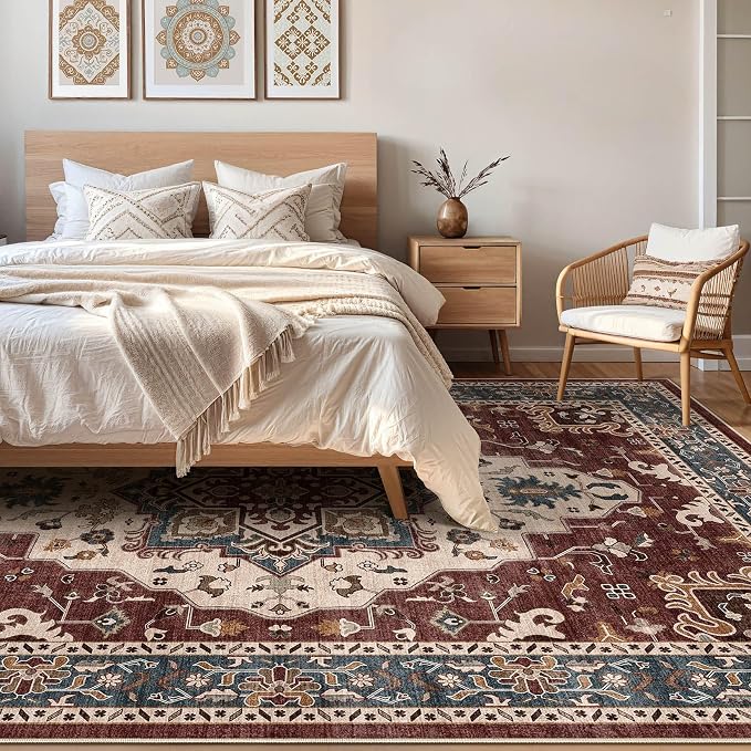 6x9 Area Rugs Living Room: Washable Boho Large Neutral Vintage Soft Rug Stain Resistant Farmhouse Non-Slip Indoor Floor Retro Carpet for Bedroom Nursery Kids Office Dining Room- Burgundy