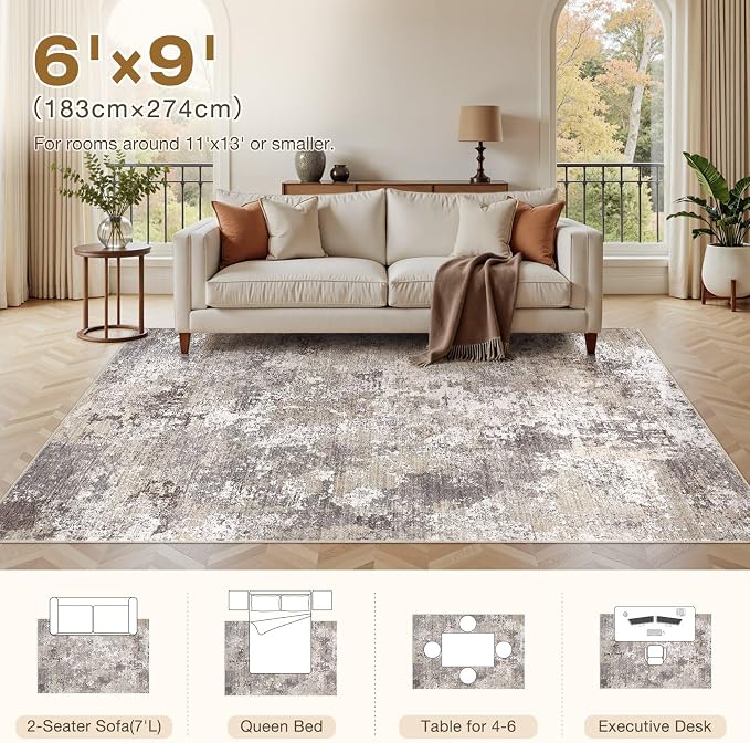 Area Rugs 6x9 Living Room: Washable Large Abstract Modern Neutral Soft Rug Stain Resistant Non-Slip Backing Carpet for Bedroom Dining Room Indoor Nursery Dorm Home Office Decor - Light Brown