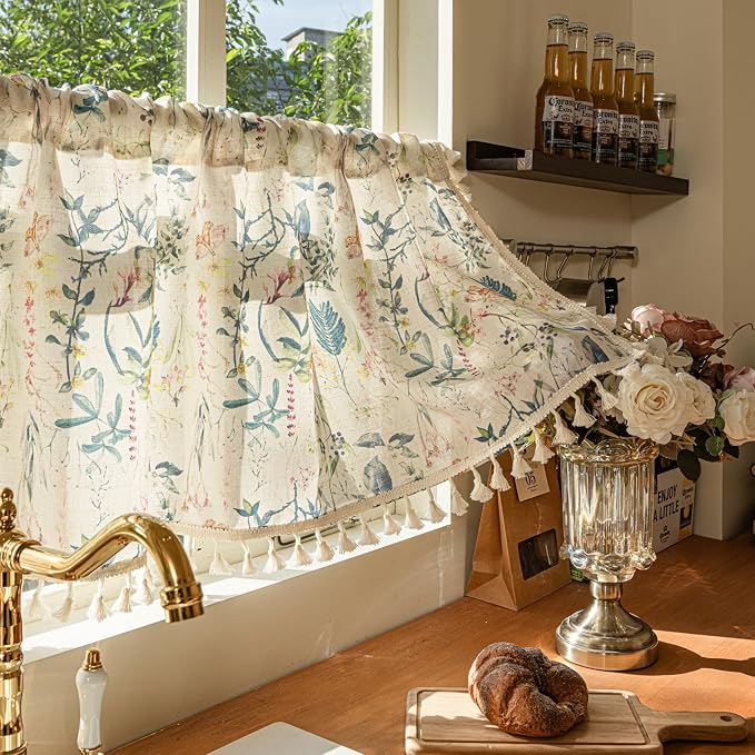 Deeprove Blue Boho Kitchen Valance Printed for Bedroom Living Room Cafe Botanical Florals Curtain with Tassel Vintage Bohemian Retro Window Small Short Treatment Light Filtering 1 Panel 52W x 18L