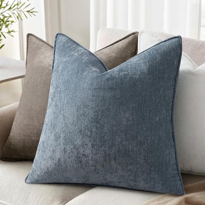 decorUhome Fall Couch Throw Pillow Covers 18x18 Set of 2, Decorative Soft Velvet Modern Cozy Chenille Pillow Cases with Elegant Design for Sofa Bed Living Room Home Decor, Haze Blue