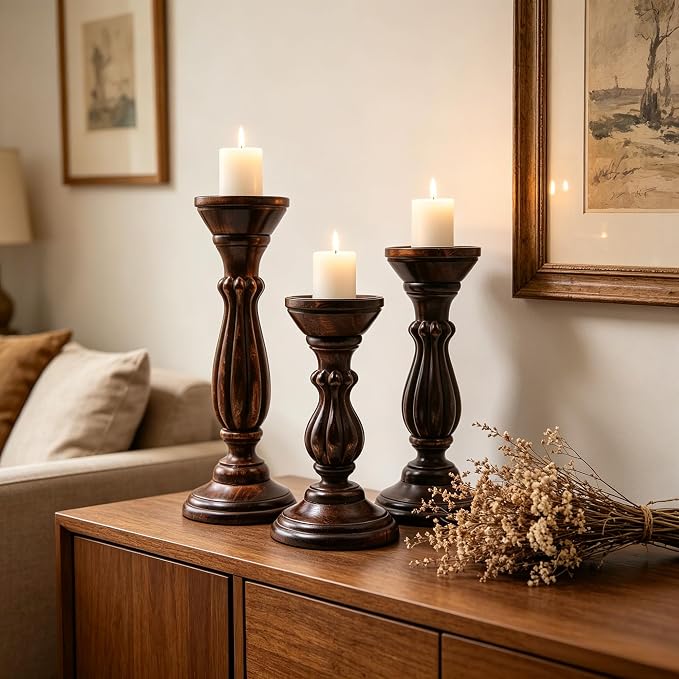 Hosley Set of 3 Dark Brown Wood Pillar Candle Holders 13 Inches 11 Inches and 9 Inches High Ideal for LED and Pillar Candles Gifts for Weddings Party Home Spa Reiki Aromatherapy