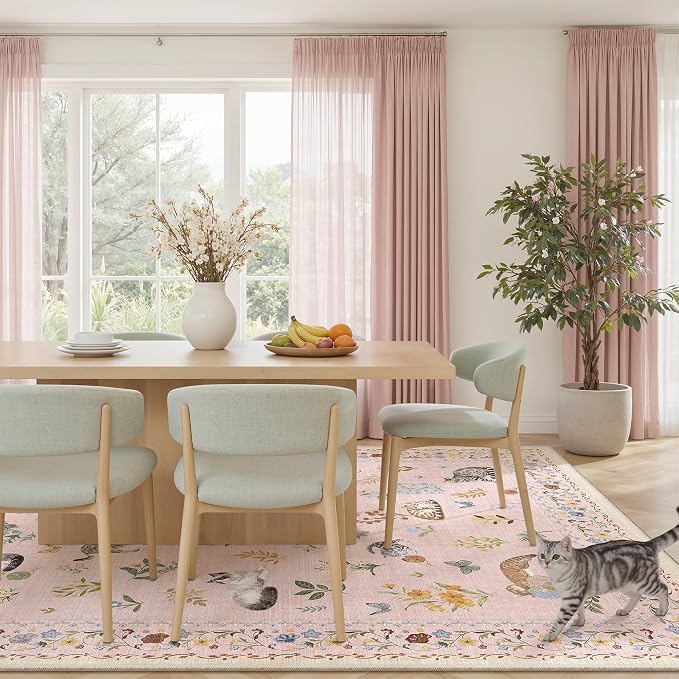 Soalmost Cat 9x12 Pink Area Rugs for Baby Girl Nursery, Washable Animal Floral Vintage Rug Non-Slip Low Pile Soft Throw Rugs for Living Room Dining Room Bedroom Playroom Classroom (9 x 12,Pink)