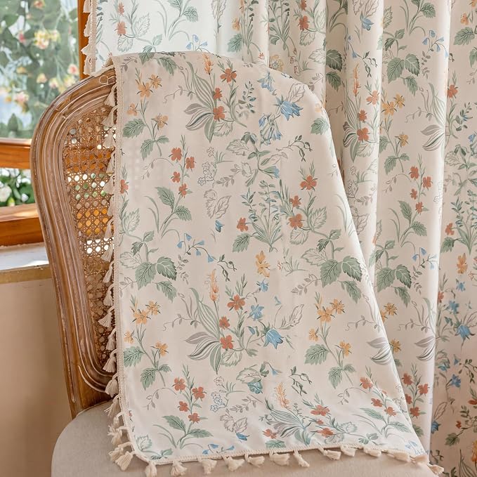OYX Boho Floral Curtains 96 Inch, Linen Farmhouse Flower Drapes with Lace & Tassels, Light Filtering Semi Sheer Curtains for Living Room Bedroom, 2 Panels