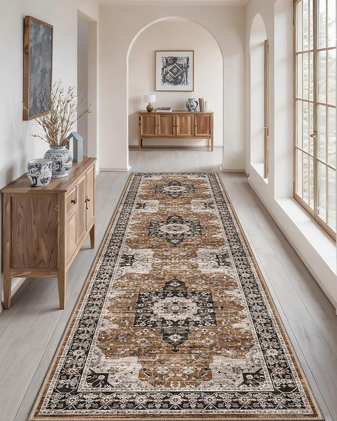 DEXI Hallway Washable Runner Rug 3x8, Vintage Farmhouse Thin Kitchen Runner with Non Slip Backing, Soft Entryway Floor Rug, Stain Resistant Distressed Carpet for Bedroom Living Room, Brown